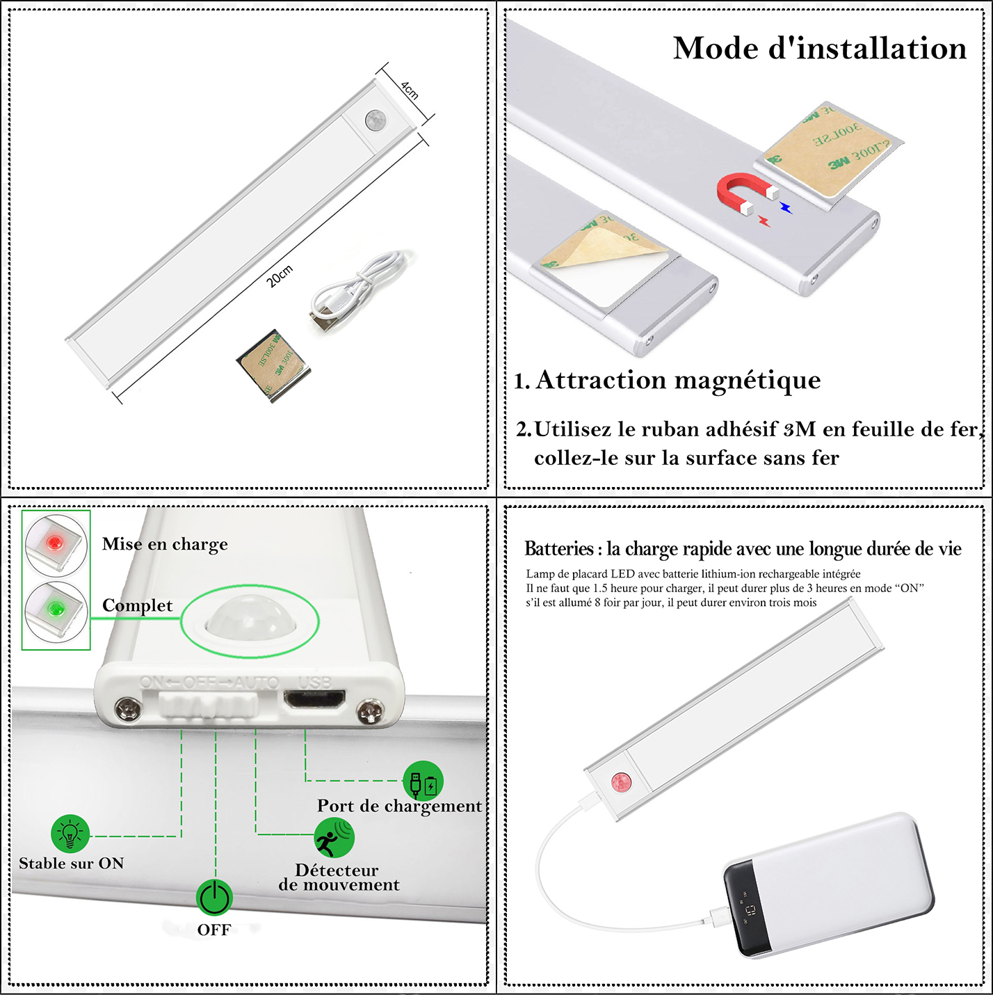 Réglette LED avec détecteur de mouvement et batterie rechargeable USB