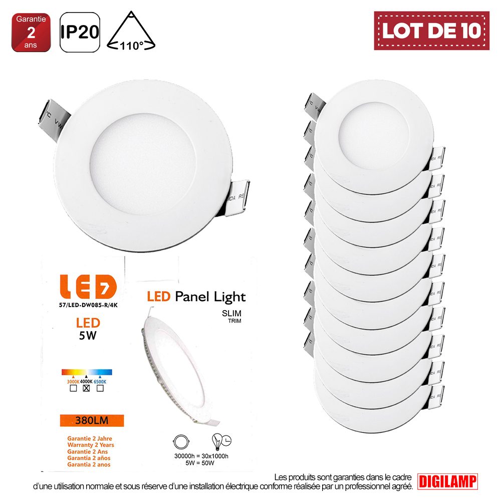 Lot de 10 Spot Encastrable Led Downlight Panel Extra plat 5w 3000k