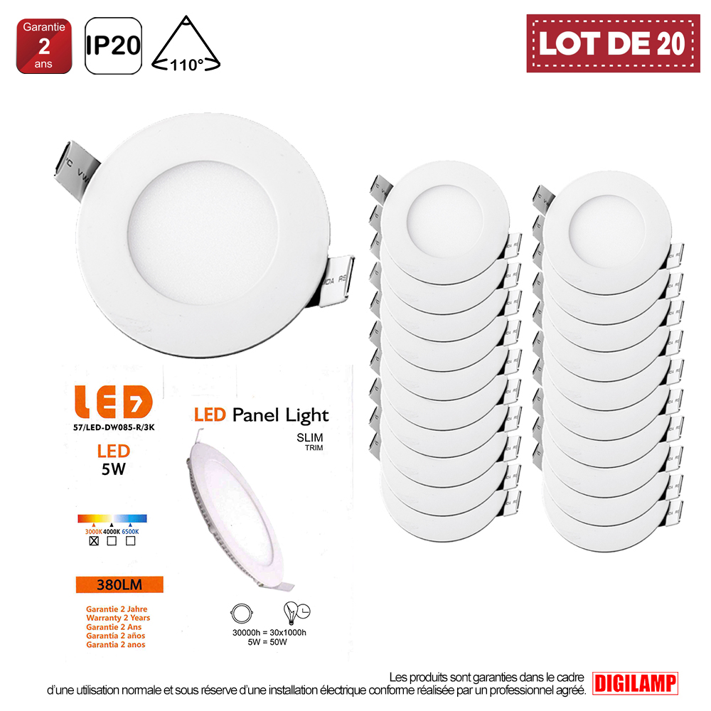 Lot de 20 Spot Encastrable Led Downlight Panel Extra plat 5w 3000k