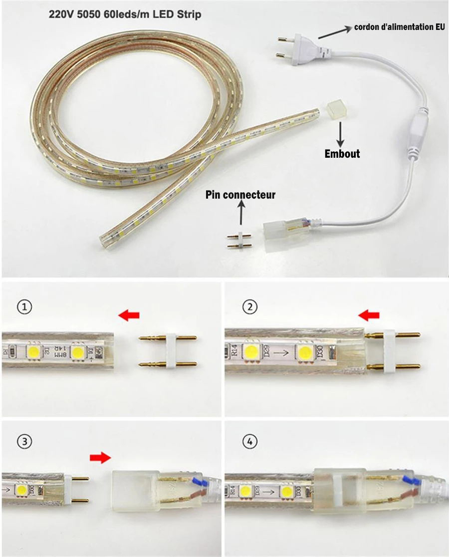 Connecteur d'angle en L 6mm pour ruban LED 220V 3014 25 ou 50 mètres